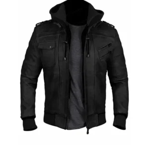Men Bomber Hood Removable Leather Jacket